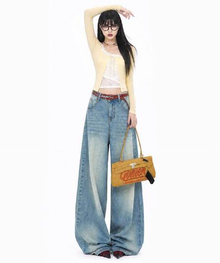 블루스 켄팅 도루 피하다. 부드러운 데님 고차 워싱 연삭 흰 머리카락 반드시 그라데이션 색조 넓은 다리 청바지 여성