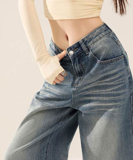 가을 주름 장식 루즈핏 느긋한 레트로 하늘색 데님 와이드 레깅스 바지