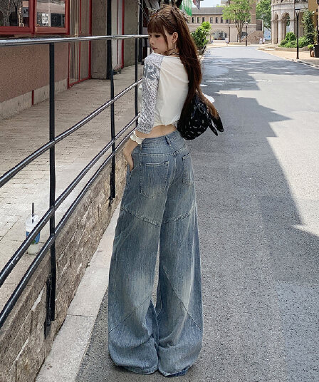 아메리칸 레트로 대나무 마디 곡물 가을 청바지 여성 패치워크 디자인 센스 루즈핏 슬림해 보이는 넓은 다리 스트레이트 팬츠