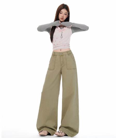 새로운 카키 색 순면 넓은 다리 로우 웨이스트 청바지 여성 루즈핏 슬림해 보이는 디스플레이 높음 도루 센스 캐주얼 바지