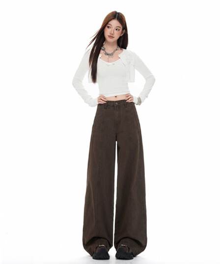새로운 커피 색상 아메리칸 레트로 핫걸 분할 청바지 여성 스트레이트 슬림해 보이는 루즈핏 넓은 다리 길이 바지