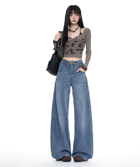 아메리칸 레트로 파리 버클 디자인 대나무 마디 곡물 청바지 여성 가을 새로운 루즈핏 슬림해 보이는 다용도 스트레이트 긴 바지