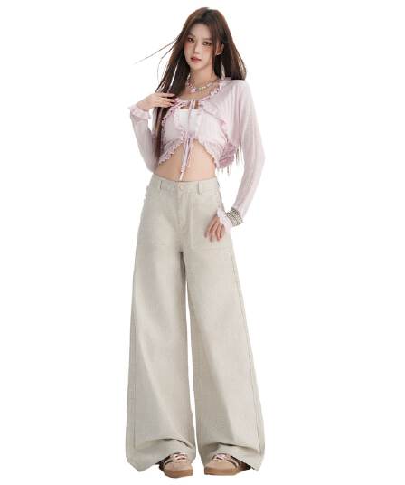 가을 아메리칸 레트로 레트로 단추 디자인 루즈핏 스트레이트 면 100% 청바지 여성