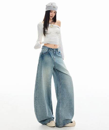 k515 감기 조정 특별 토닝 워싱 블루 모통이 칼 스트레이트 청바지 여성 슬림해 보이는 루즈핏 와이드 레그 팬츠 어린이
