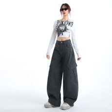 批发洗褪棉设计感美式复古辣妹弯刀<b class='q'>裤</b>百搭显瘦多口袋阔腿工装休闲<b class='q'>裤</b>