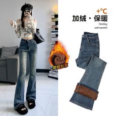 批发复古蓝秋冬厚绒美式高腰<b class='q'>弹力</b>修身显瘦微喇叭牛仔<b class='q'>裤</b>女