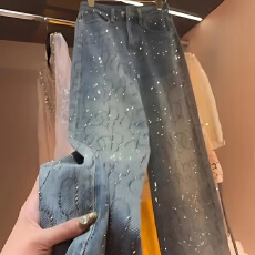 批发蓝色重工<b class='q'>烫钻</b>设计感<b class='q'>牛仔裤</b>女2025春夏新款百搭显瘦宽松阔腿直筒裤