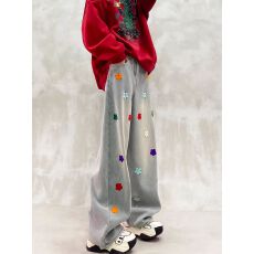 批发彩色花朵设计加绒休闲<b class='q'>牛仔裤</b>女冬新款高腰宽松显瘦百搭直筒阔腿裤