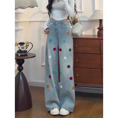 批发复古蓝立体花朵刺绣阔腿<b class='q'>牛仔裤</b>女2025秋冬加绒加厚小个子直筒裤子
