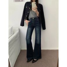 批发爱茉莉 美式高街弹力微喇<b class='q'>牛仔裤</b>女设计感高腰显瘦深蓝喇叭长裤