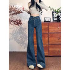 批发复古蓝加绒微喇<b class='q'>牛仔裤</b>女2025秋冬新款小个子高腰显瘦不贴腿喇叭裤