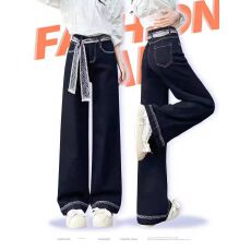 批发梨形阔腿<b class='q'>牛仔裤</b>女2025冬季加绒加厚双边刺绣弹力宽松直筒喇叭裤子