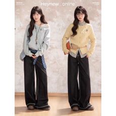 批发LOVEHEYNEW普洗蓝花边装饰直筒<b class='q'>牛仔裤</b>女秋季高腰遮肉配腰带阔腿裤