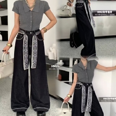 批发桓木子早秋深蓝窄板阔腿<b class='q'>牛仔裤</b>女通勤风纯棉宽松刺绣时尚飘带裤子