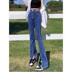批发<b class='q'>复古</b>蓝开叉微喇牛仔裤女秋冬加绒加厚款弹力显瘦高腰喇拖地长裤
