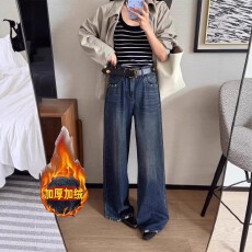 批发复古蓝加绒加厚阔腿牛仔<b class='q'>裤</b>女秋冬新款宽松直筒垂感显瘦休闲拖地<b class='q'>裤</b>