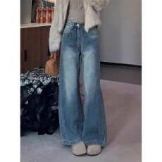 批发复古加绒重工烫钻阔腿牛仔<b class='q'>裤</b>女2026春季新款高腰垂感直筒拖地长<b class='q'>裤</b>