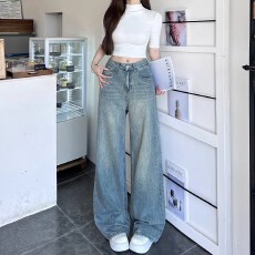 批发美式重工烫钻阔腿<b class='q'>牛仔裤</b>女秋季新款高腰宽松小个子直筒拖地裤洋气