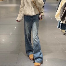批发美式复古烫钻细闪阔腿<b class='q'>牛仔裤</b>女2025秋冬季新款宽松加绒直筒拖地裤