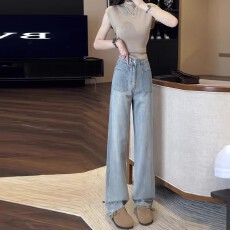 批发浅蓝色高腰垂感浅色<b class='q'>牛仔裤</b>女2025新款夏季薄款直筒刺绣宽松阔腿裤