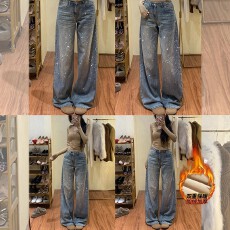 批发李李服饰耀眼星河烫钻加绒<b class='q'>牛仔裤</b>女2025年冬季高腰显瘦阔腿堆堆裤