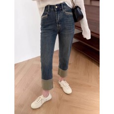 批发烟管<b class='q'>牛仔裤</b>女2025春秋新款拼接复古蓝直筒法棍裤高腰弹力<b class='q'>九分</b>裤子