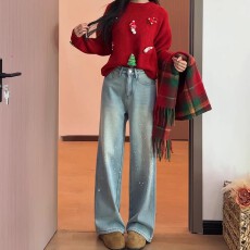 批发蓝色烫钻加绒直筒牛仔裤女2025<b class='q'>秋</b>冬新款高级感高腰显瘦拖地阔腿裤