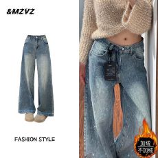 批发加绒满天星河烫钻阔腿牛仔裤女<b class='q'>秋</b>冬宽松显瘦高级感超好看拖地裤子