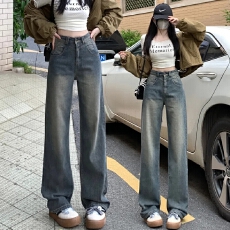 批发2025年春夏季韩版学姐风怀旧星空纹牛仔裤阔腿裤长裤加长穿搭推荐