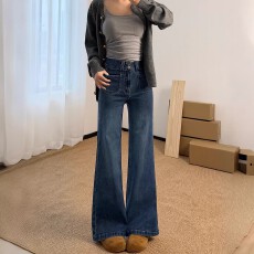 批发复古不贴腿微喇牛仔裤女<b class='q'>冬</b>季加绒加厚弹力高腰显瘦梨型身材马蹄裤