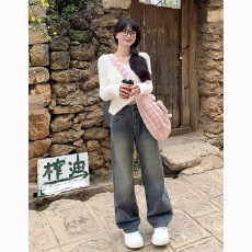 批发高个子超长美式星空纹直筒牛仔裤女秋<b class='q'>冬</b>加绒加厚高腰宽松阔腿裤