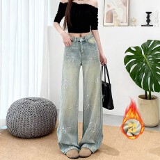 批发加绒带钻牛仔裤女装2026新款今年流行爆款浅色爆闪阔腿宽松裤子女