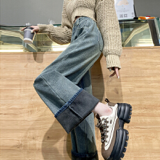 加绒加厚美式复古星空纹无弹牛仔裤女高腰辣妹牛仔裤女长裤加长裤