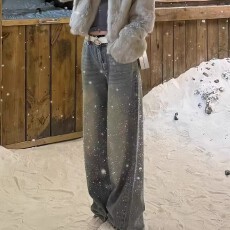 批发高个子<b class='q'>镶钻</b>水洗高街<b class='q'>牛仔裤</b>女秋冬烫钻爆闪重工宽松直筒显瘦拖地裤