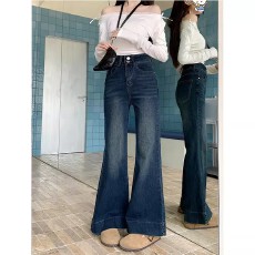 批发复古深蓝微喇牛仔裤女新款宽松阔腿大脚裤喇叭裤胖mm小个子直筒裤