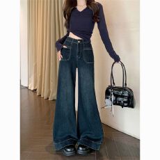 批发时尚直筒牛仔裤女春秋季2026<b class='q'>新款</b>显瘦宽松设计感阔腿喇叭拖地裤子