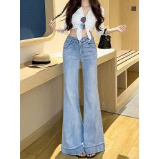 批发单款/加绒浅蓝色阔腿牛仔裤女春秋新款弹力高腰小个子宽松喇叭裤