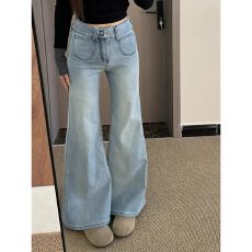 批发美式复古设计感大码微喇叭牛仔裤女春秋新款高腰显瘦阔腿拖地裤子