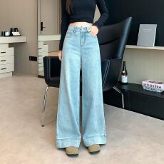 批发小个子2026年高腰宽松牛仔裤女阔腿牛仔裤子早秋新款垂感拖地裤潮