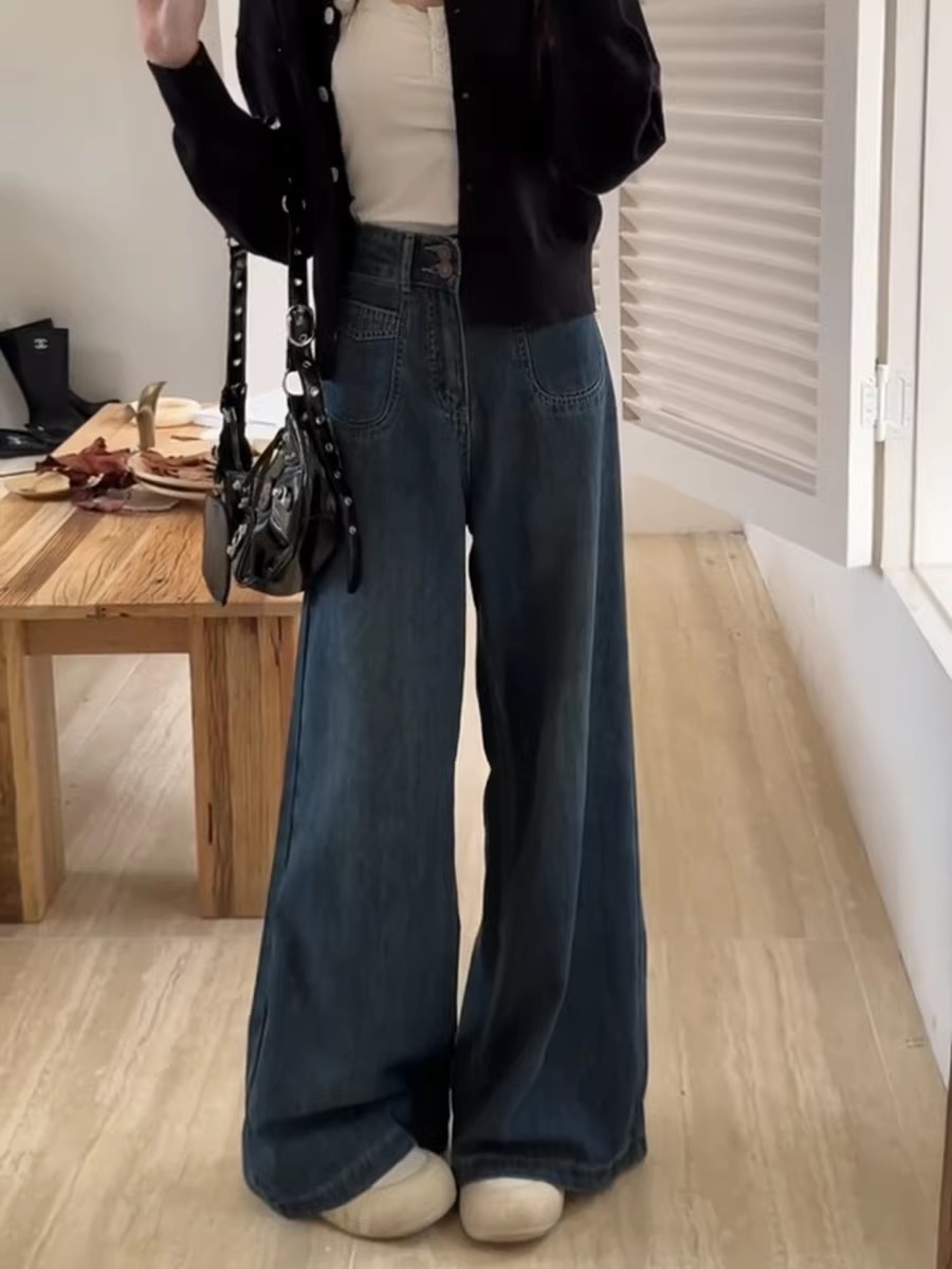 배 자매 집 넓은 다리 바닥 청소 느긋한 청바지 여성 와이드 팬츠 레트로 하이웨이스트 대 바지 아니요 막대기 다리 길이 바지