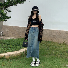 批发新款女装高腰牛仔半身裙女中长款韩版百搭开叉直筒一步裙包臀裙