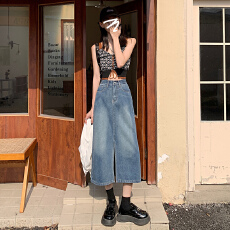 批发<b class='q'>春</b>季新款女装高腰牛仔半身裙女中款韩版百搭开叉直筒一步裙包臀裙