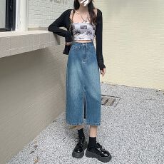 批发<b class='q'>春</b>季新款女装高腰牛仔半身裙女中款韩版百搭开叉直筒一步裙包臀裙