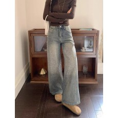 批发设计感重工双面烫钻垂感牛仔裤<b class='q'>女</b>装春夏季高腰显瘦阔腿裤拖地<b class='q'>裤</b>