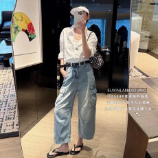 批发YOUMO素心兰72500浅蓝高腰九分小个子宽松阔腿直筒女牛仔裤夏薄款