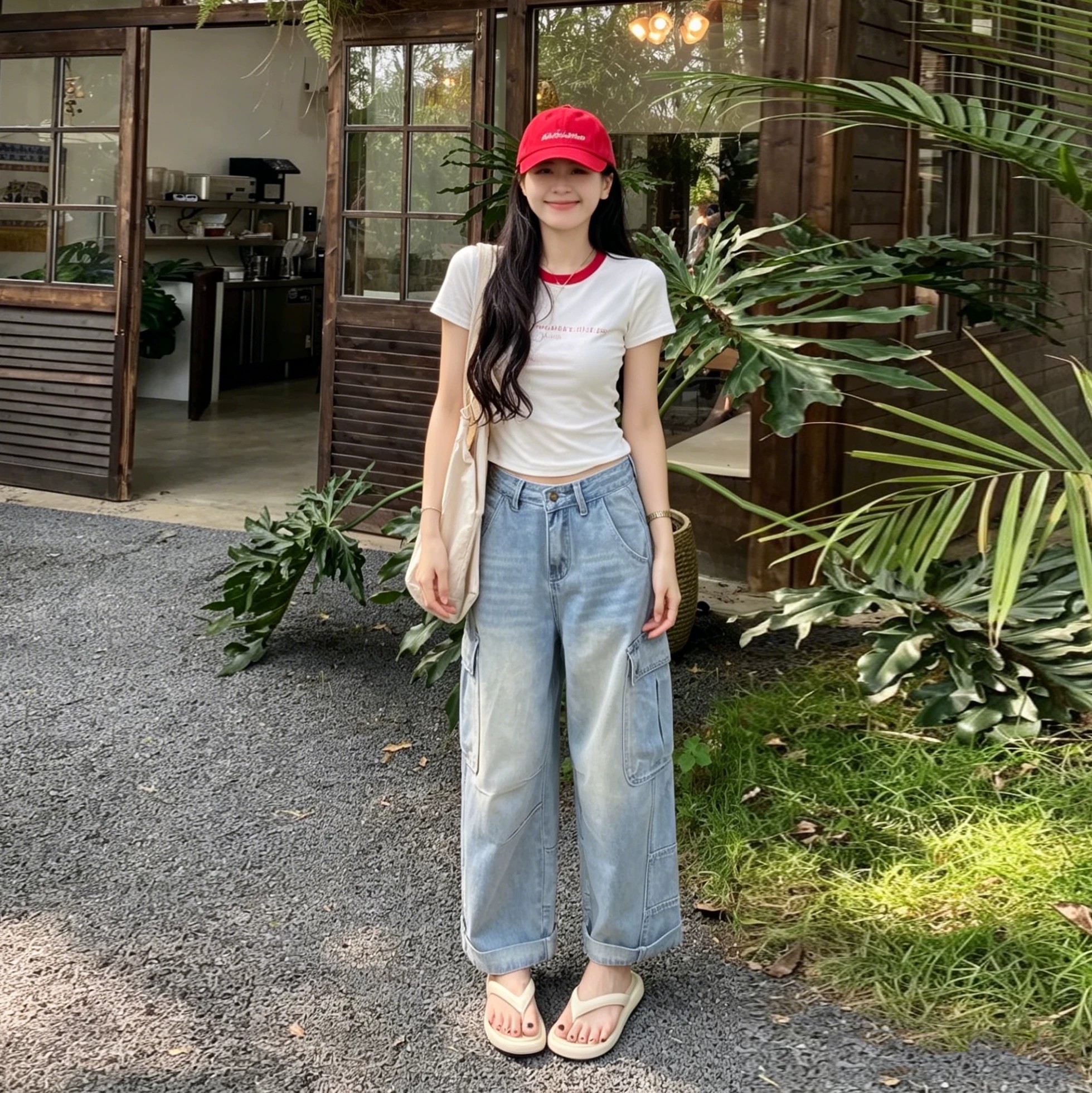 밝은색 레트로 워크웨어 기타 주머니 9 포인트 넓은 다리 청바지 여성 작은 여름 얇은 스타일 슬림해 보이는 스트레이트 캐주얼 바지