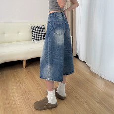 批发小个子美式蓝色牛仔七分裤女夏季新款大码胖mm高腰显瘦遮胯阔腿裤