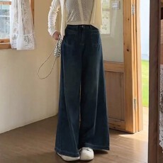 批发复古蓝阔腿<b class='q'>牛仔裤</b>女秋冬新款大码胖mm高腰显瘦宽松梨形身材拖地裤