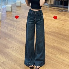 批发复古深蓝色高腰微喇显瘦牛仔<b class='q'>裤</b>女初秋新款宽松显瘦阔腿长<b class='q'>裤</b>小个子