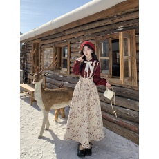 批发实拍~<b class='q'>秋</b>冬新款富家千金套装复古提花收腰背带长裙+衬衫大码两件套